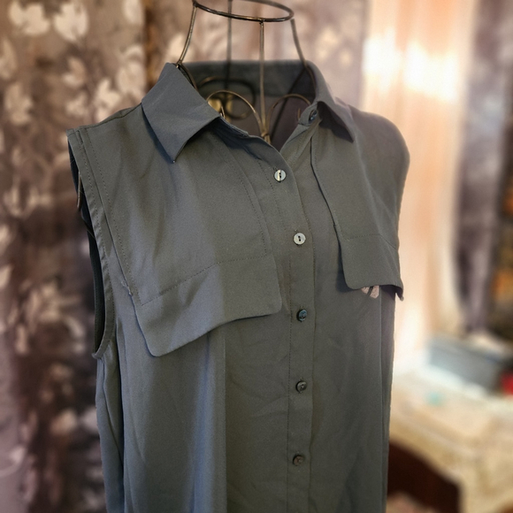 Worthington Women's Sleeveless Button Down Shirt Dark Gray - Picture 2 of 7